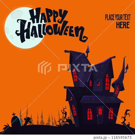 Halloween haunted house cartoon illustration. Vector horror scary mansion on the night background with moon. Party poster 116595673