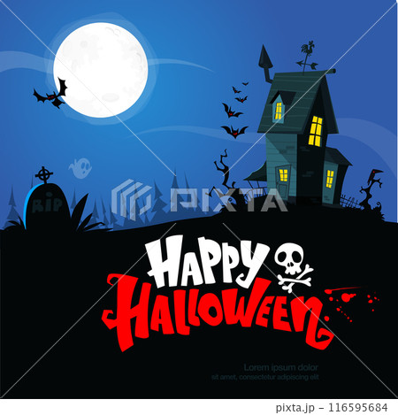 Halloween haunted house cartoon illustration. Vector horror scary mansion on the night background with moon. Party poster 116595684