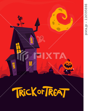 Halloween haunted house cartoon illustration. Vector horror scary mansion on the night background with moon. Party poster 116595698