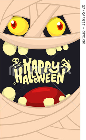 Scary cartoon monster mummy face vector. Cute square avatar or icon. Halloween illustration. Great for party decoration 116595720