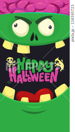Cartoon funny green zombie character design with scary face expression. Halloween vector illustration isolated on white. Party poster, package design 116595723