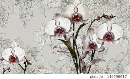 Elegant white orchids with pink centers against a light background, blending natural beauty with intricate artistic elements. Elegant white orchids with pink centers against a light background, blending natural beauty with intricate artistic elements. 116596017