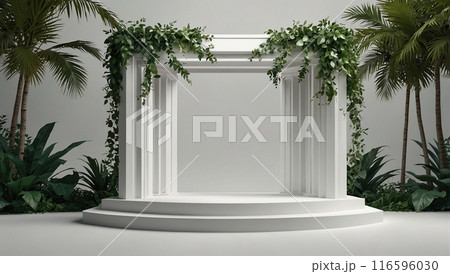 White podium adorned with tropical vines and surrounded by palm trees. 116596030