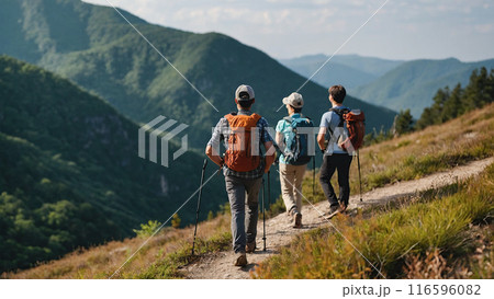Group of friends hiking along a mountain trail, surrounded by stunning landscapes. 116596082
