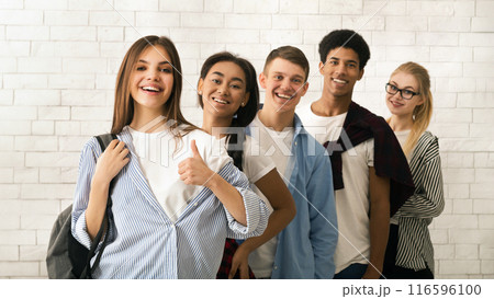 A diverse group of multiethnic teenagers is lined up, displaying a variety of cheerful expressions. The backdrop features a white brick wall, suggesting an informal or educational setting A diverse group of multiethnic teenagers is lined up, displaying a variety of cheerful expressions. The backdrop features a white brick wall, suggesting an informal or educational setting 116596100