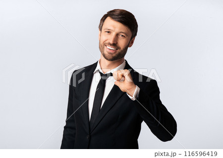 Business Success. Confident Businessman Pointing Thumbs At Himself Standing On White Studio Background. Isolated 116596419