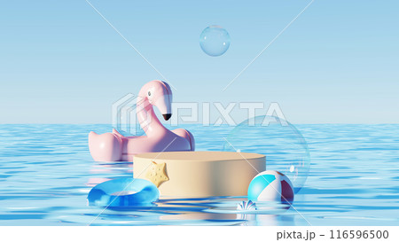 3D render, Summer sea background with blank podium for showing product and cosmetic decoration with inflatable ring pink flamingo and beach ball. 3D render, Summer sea background with blank podium for showing product and cosmetic decoration with inflatable ring pink flamingo and beach ball. 116596500
