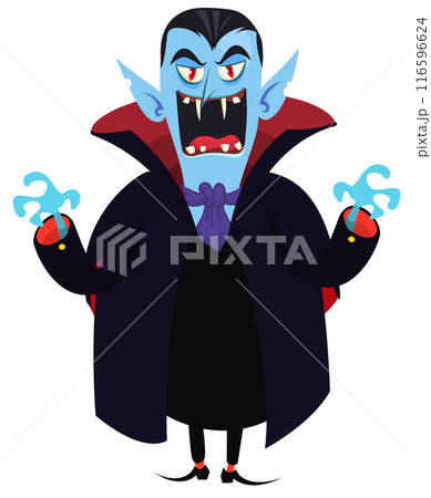 Funny cartoon vampire illustration in black cape waving hands. Isolated on white Funny cartoon vampire illustration in black cape waving hands. Isolated on white 116596624