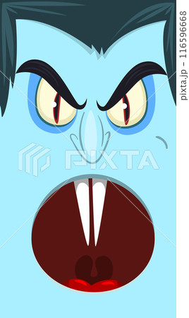 Funny cartoon vampire character design with big open mouth, tongue, fangs. Vampire face mask avatar. Halloween illustration vector isolated. Party or package design Funny cartoon vampire character design with big open mouth, tongue, fangs. Vampire face mask avatar. Halloween illustration vector isolated. Party or package design 116596668