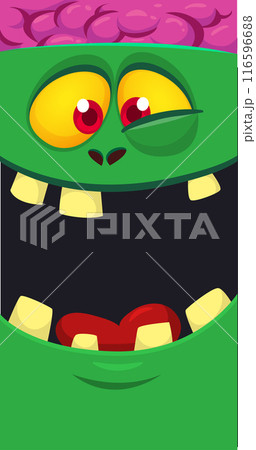 Cartoon scary green zombie character design with scary face expression. Halloween vector illustration isolated on white. Party poster, package design 116596688