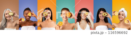 Seven diverse women with varying skin tones, ages, and hairstyles are each holding a slice of avocado or orange over one eye, smiling at the camera Seven diverse women with varying skin tones, ages, and hairstyles are each holding a slice of avocado or orange over one eye, smiling at the camera 116596692