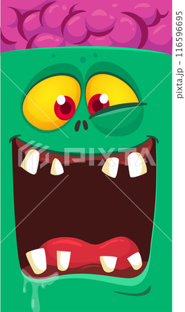 Cartoon funny green zombie character design with scary face expression. Halloween vector illustration isolated on white. Party poster, package design 116596695