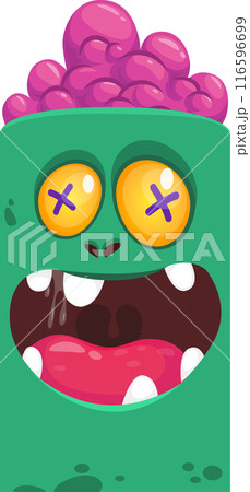 Cartoon funny green zombie character design with scary face expression. Halloween vector illustration isolated on white. Party poster, package design 116596699