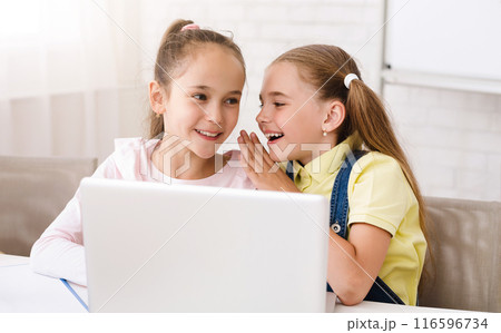 This image shows two young girls, one with blonde hair in pigtails and the other with brown hair in a ponytail, sitting at a table in front of a laptop. 116596734
