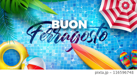 Buon Ferragosto Italy Summer Festival Design with Summer Holiday Elements and Typography Letter on Pool Background. Vector Italian Language Illustration for Banner, Flyer, Invitation, Brochure, Poster Buon Ferragosto Italy Summer Festival Design with Summer Holiday Elements and Typography Letter on Pool Background. Vector Italian Language Illustration for Banner, Flyer, Invitation, Brochure, Poster 116596748