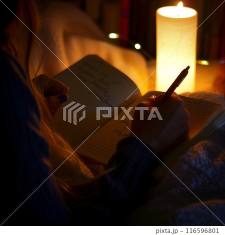 Young Caucasian woman writes in journal candlelight cozy warmly lit bedroom 116596801