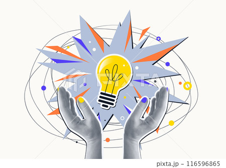 Idea concept vector illustration. Two halftone hands holds bulb, explosion at the center. Innovation strategy collage design. Education, work solution abstract background 116596865