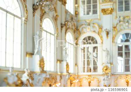 Blurred Luxurious Imperial Palace Interior, Opulent Golden Ornaments, White Sculptures, Grand Historical Architecture, Sunlit Elegant Space for Royal Ambiance Background 116596901