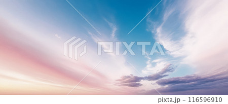 Panoramic serene sky with pink blue gradient, crescent moon, tranquil dawn dusk atmosphere, natural beauty, peaceful cloudscape, wide horizon view without land 116596910