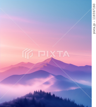 美しい色彩の霧のかかった山脈 AI生成画像 美しい色彩の霧のかかった山脈 AI生成画像 116597160