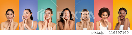 A diverse group of eight women, all smiling and touching their faces, stand in front of a background of eight different solid colors. Each woman has a different hairstyle and skin tone. A diverse group of eight women, all smiling and touching their faces, stand in front of a background of eight different solid colors. Each woman has a different hairstyle and skin tone. 116597169