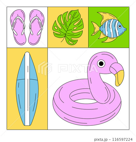 Geometric modern square card with simple minimalist summer beach colorful elements. Trendy vector background, geometry. Abstract layout for poster, flyer, cover, brochure, party, invitation, banner 116597224
