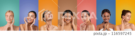 Seven multiethnic women are shown in a studio setting, each with a colorful background behind them. They are all smiling and touching their faces with their hands. 116597245