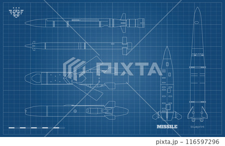 Missile industrial drawing. Ballistic and cruise missile blueprint. Strategic weapon outline art. War technology. Aircraft military bomb. Contour objects Missile industrial drawing. Ballistic and cruise missile blueprint. Strategic weapon outline art. War technology. Aircraft military bomb. Contour objects 116597296