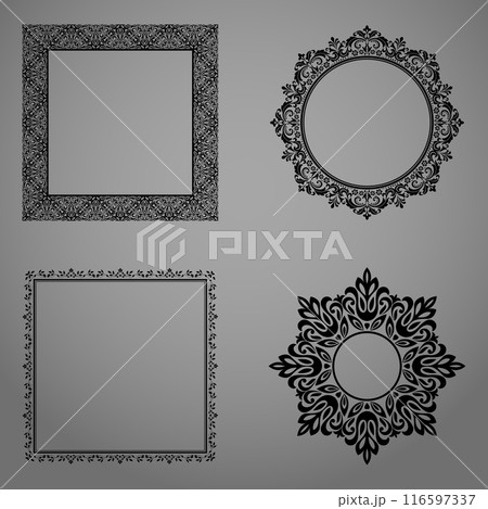 Set of decorative frames Elegant vector element for design in Eastern style, place for text. Floral black and gray borders. Lace illustration for invitations and greeting cards 116597337