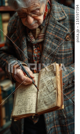 Young woman cozy sweater writing in journal candlelight softly lit cafe 116597394