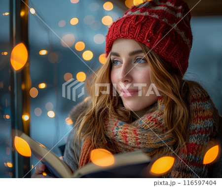 Young woman cozy sweater writing in journal candlelight softly lit cafe 116597404