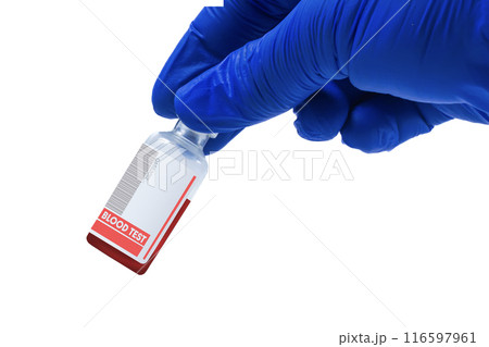 Doctor in blue gloves holds vaccine vial with blood for blood test isolated on white background. Closeup Doctor in blue gloves holds vaccine vial with blood for blood test isolated on white background. Closeup 116597961