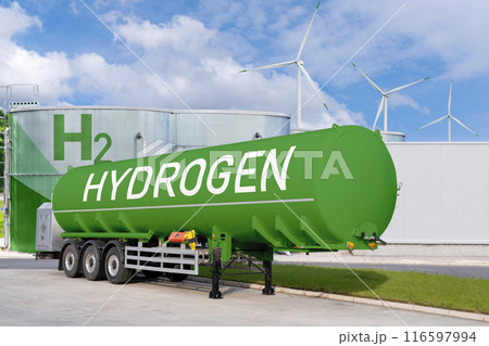 Hydrogen tank trailer on the background of gas storage. New energy sources. Hydrogen tank trailer on the background of gas storage. New energy sources. 116597994