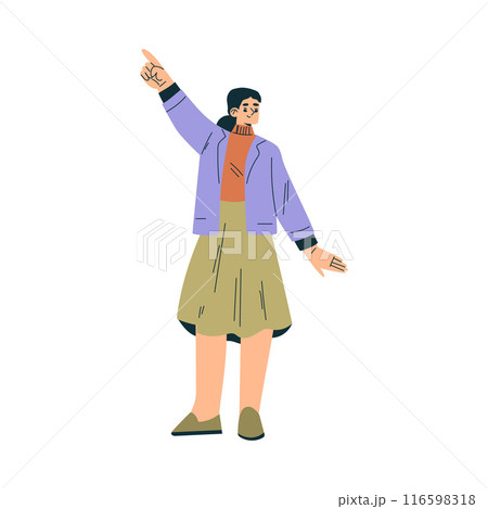 Look to Future with Woman Character Point Finger Up in Sky View Horizon Vector Illustration 116598318