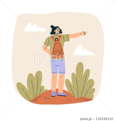 Look to Future with Woman Character Point Finger View Horizon Vector Illustration 116598332