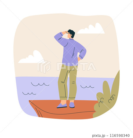 Look to Future with Man Character Stand at Shore View Horizon Vector Illustration Look to Future with Man Character Stand at Shore View Horizon Vector Illustration 116598340