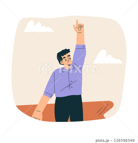 Look to Future with Man Character Point Finger Up in Sky View Horizon Vector Illustration 116598349