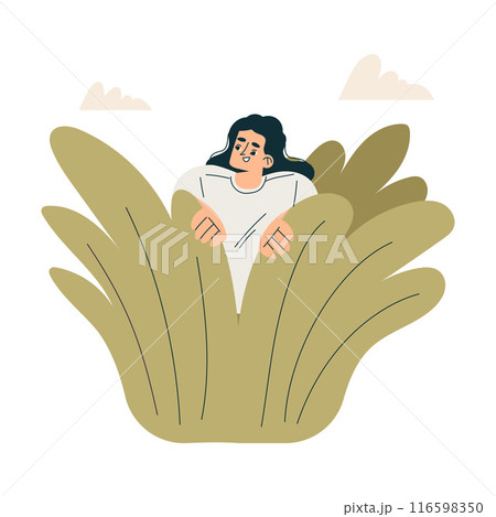 Look to Future with Woman Character Sit in Bush View Horizon Vector Illustration Look to Future with Woman Character Sit in Bush View Horizon Vector Illustration 116598350