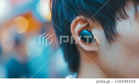 ワイヤレスイヤホンで音楽を聴く男性の耳元のクローズアップ 116598358