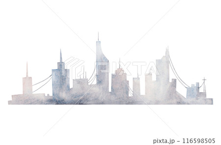 Watercolor city silhouette on sunrise in blue grey and pink colors illustration isolated on white. Monochrome horizon metropolis of Dubai, New York or Los Angeles. Panoramic cityscape with skyscrapers 116598505