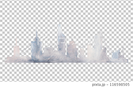 Watercolor city silhouette on sunrise in blue grey and pink colors illustration isolated on white. Monochrome horizon metropolis of Dubai, New York or Los Angeles. Panoramic cityscape with skyscrapers 116598505