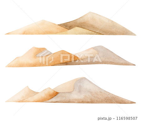 Sand dunes desert landscape watercolor illustration set isolated on white background. Simple monochrome nature sketches in yellow, beige and brown colors. Panoramic horizontal clipart of hills 116598507