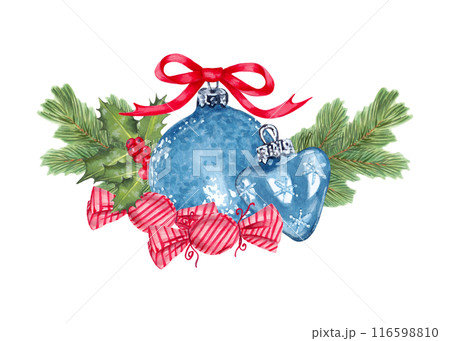 Blue Christmas tree decorations with conifer branches, holly berries with a red bow and caramel candy. Illustration with watercolor and marker. Hand-drawn isolated art. For the New Year and Christmas. Blue Christmas tree decorations with conifer branches, holly berries with a red bow and caramel candy. Illustration with watercolor and marker. Hand-drawn isolated art. For the New Year and Christmas. 116598810
