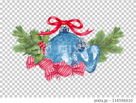 Blue Christmas tree decorations with conifer branches, holly berries with a red bow and caramel candy. Illustration with watercolor and marker. Hand-drawn isolated art. For the New Year and Christmas. Blue Christmas tree decorations with conifer branches, holly berries with a red bow and caramel candy. Illustration with watercolor and marker. Hand-drawn isolated art. For the New Year and Christmas. 116598810