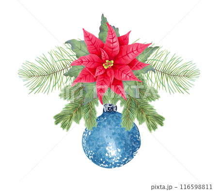 Poinsettia flower with fir branches and blue shiny Christmas tree decoration. Illustration with watercolor and marker. Botanical clip art for the New Year and Christmas. Hand drawn isolated sketch. 116598811