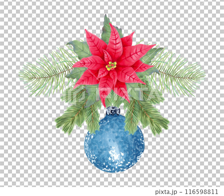 Poinsettia flower with fir branches and blue shiny Christmas tree decoration. Illustration with watercolor and marker. Botanical clip art for the New Year and Christmas. Hand drawn isolated sketch. 116598811