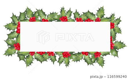 Christmas horizontal frame of red holly berries with leaves. Illustration of a watercolor background with space for text. Hand drawn isolated backdrop. Template for the New Year and seasonal holidays. 116599240