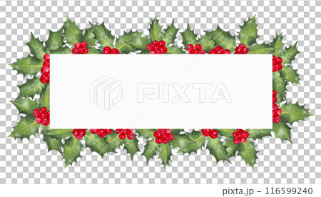 Christmas horizontal frame of red holly berries with leaves. Illustration of a watercolor background with space for text. Hand drawn isolated backdrop. Template for the New Year and seasonal holidays. 116599240