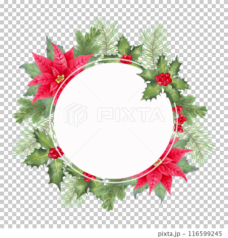 Christmas wreath with poinsettia flower, holly berries, leaves with conifer branches. Illustration watercolour, markers. Hand drawn isolated art. Round frame for the winter holidays of the New Year. 116599245