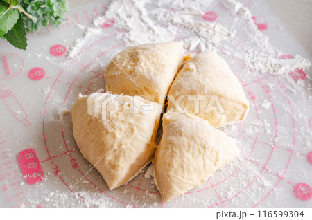 パン作り　一次発酵後にまとめた生地を四等分 116599304